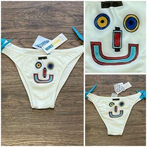 NWT Linnea Hand Painted Bikini Bottom Made In Brazil Robot Face White Red Blue M